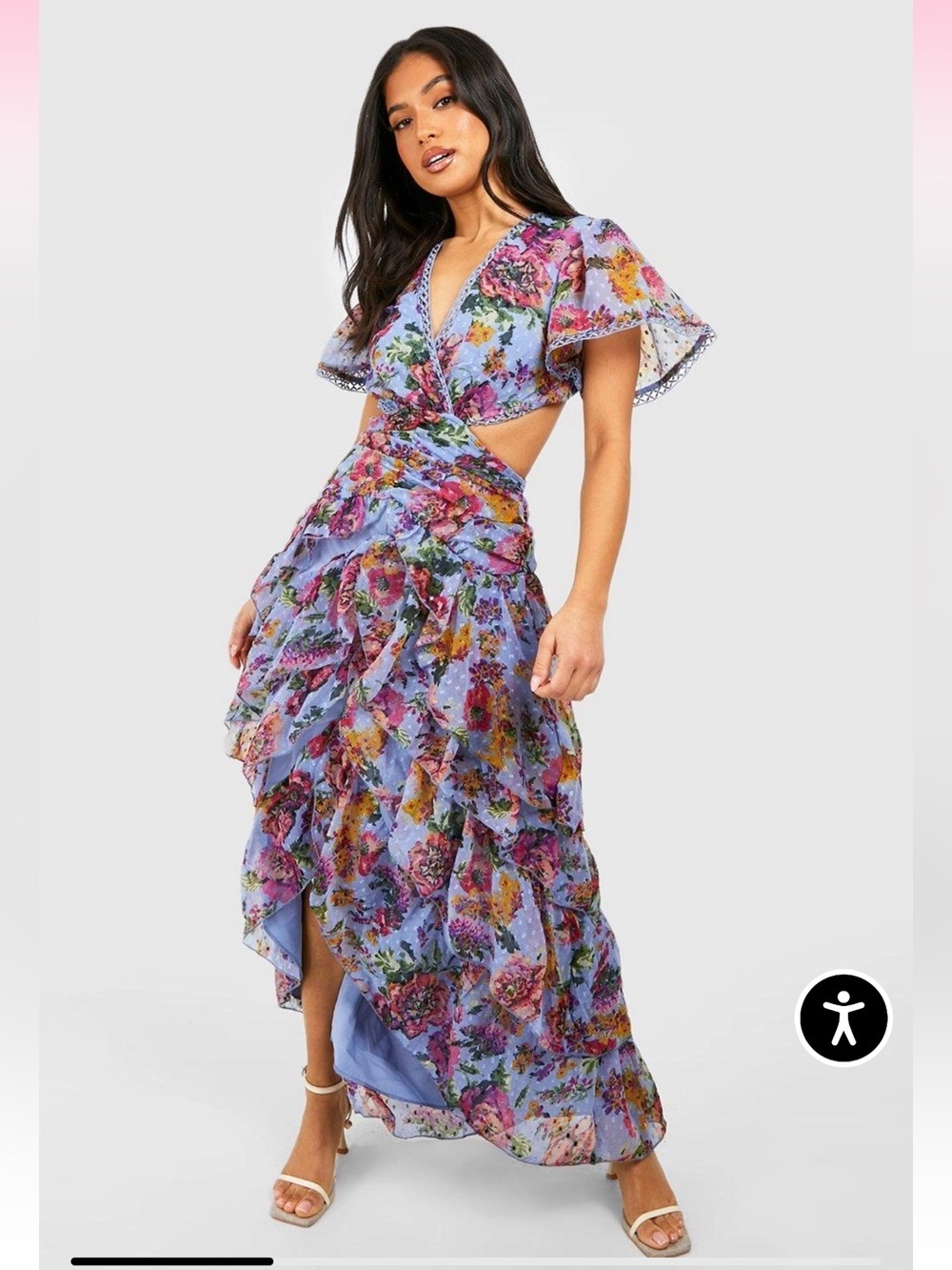 NWT Boohoo Petite Floral Dobby Mesh Cut Out Maxi Dress Blue  US 10
